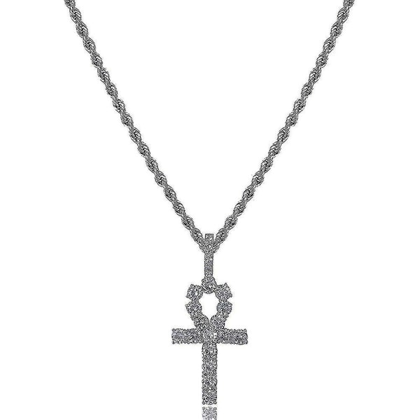 14k kullattu Iced OutDiamondCross egyptiläinen riipus miehille ja naisille, 24 ruostumattomasta teräksestä valmistettu kaulakoru White Gold