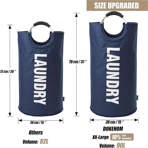 90L Large Laundry Basket, Foldable Laundry Bag, Freestanding Tall Laundry Hamper, Collapsible Laundry Basket Dark Blue Dark Blue 90L