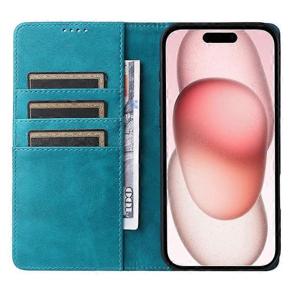 Kompatibel med iPhone 15 Plus / 14 Plus Fodral RFID PU Läder Plånboksstativskydd Blue