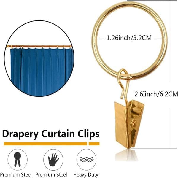 (Guld) 30 Styk Gardineringe med Clips, Rustfrie Gardineringe i Rustfrit Stål, Metal Gardinerkroge, Curta