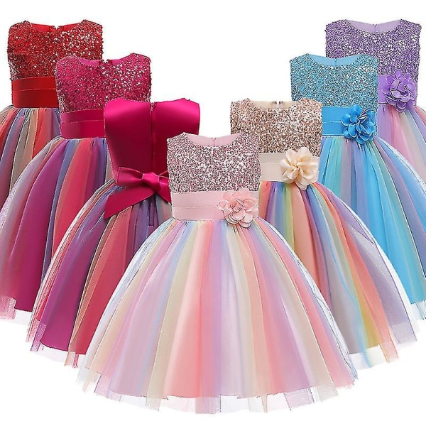 Jenter Paljettkjole Rainbow Tutu Bursdagsfest Prinsessekjole Pageant Kjole Blomsterkjole Red 110cm(4-5T)