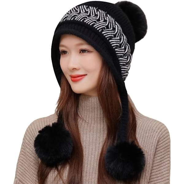 Dam vinter Peruvian öronbeklädnad Beanie Hat Öronklaffar Sherpa Skidmössa Stickad Fleecefodrad 3 Pom Black One Size