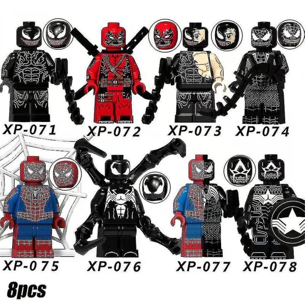 8 stk/sæt Superhero Series Minifigurer Byggeklodser Kit, Venom Spiderman Mini Action Figurer Legetøj Fans Gaver Til 3 år + Børn Drenge Piger