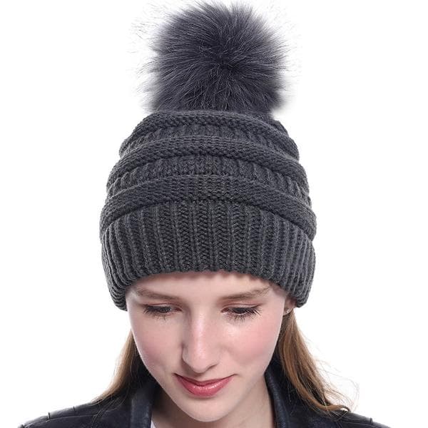 Fasjonable retro hodeplagg dame ensfarget ullball strikket lue Dark gray