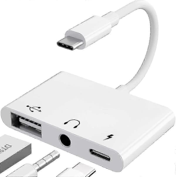 USB C-adapter 3,5 mm jack med hurtiglading OTG-adapter, Type C til Aux-splitter hodetelefonlyd (hvit)