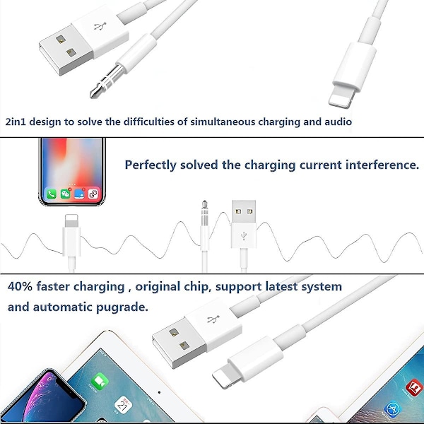 [Uppgraderad] 2 i 1 ljudladdningskabel kompatibel med iPhone/iPad, ladda och spela musik samtidigt stöd till bilstereo/högtalare/hörlurar med