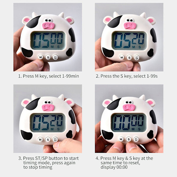 Digitaalinen keittiöaika-asetin söpöllä eläinaikaisella, vahvalla magneettisella takaseisokalla, kovalla hälytyksellä ja suurella näytöllä CookinBY Type 1(White Calf)