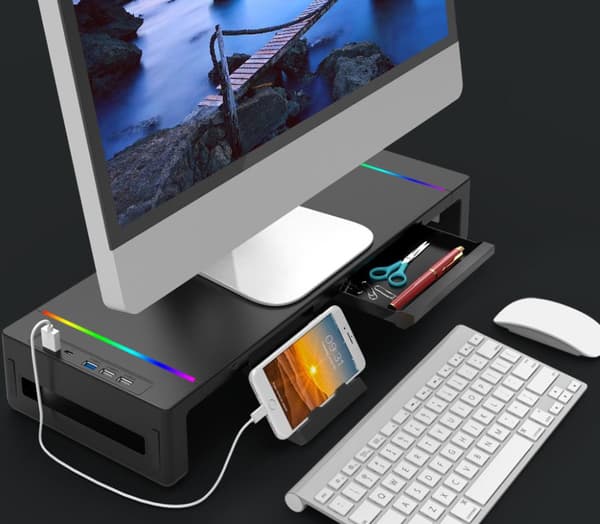 Sammenleggbart skjermstativ, USB 3.0 dataskjermhub, bordstativ med oppbevaringsskuff,