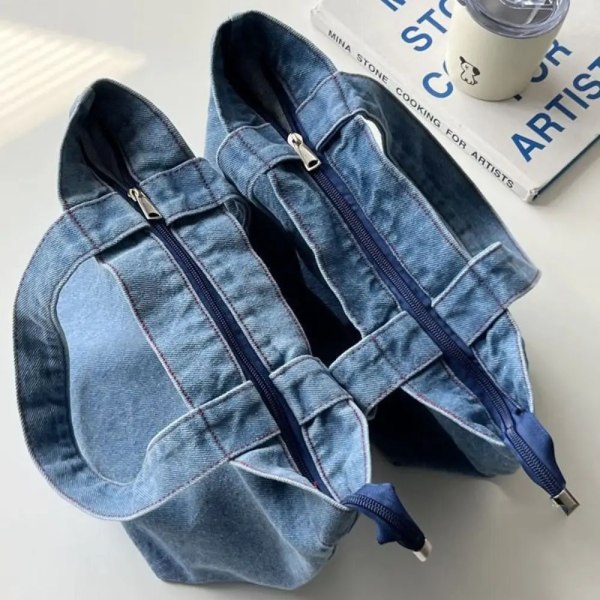 Cartoon Broderi Lunch Bag Söt Stor Kapacitet Tvättat Denim Handväska Mat Förvaring Picknick Påse Utomhus 02