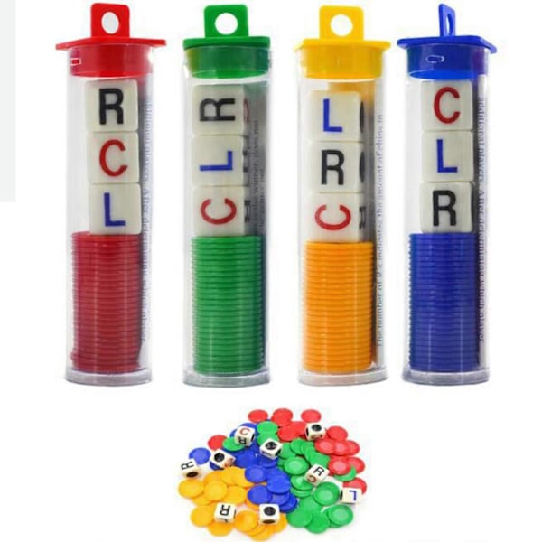 LCR - Left Center Right Terningespill, Prime Sett med 3 Terninger + 24 Brikker, Lett å Oppbevare, Ta Med Seg GREEN B