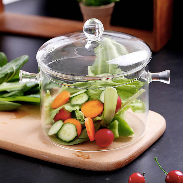 Glasgryta med lock för matlagning i köket, set med stekpanna med non-stick beläggning Transparent