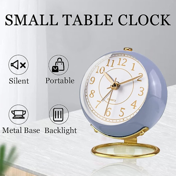 SCSYV Liten väckarklocka, klassisk retro analog söt enkel design liten skrivbordsklocka med tyst batteridriven tyst bakgrundsbelysning för barn/sovrum/ Blue