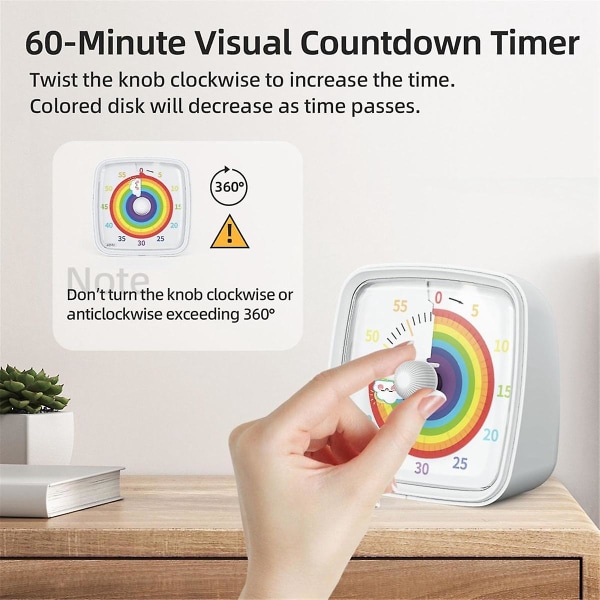 60-minutters visuell timer med nattlys, nedtellingstimer, Pomodoro-timer med regnbue-mønster for barn og voksneBY White