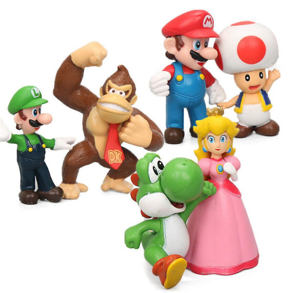 6-pack Super Mario Bros Actionfigurer Ornament Dekoration Peach Toad Mario Luigi Yoshi Donkey Modelldocka Leksak Barnfödelsedagspresent [HK] A