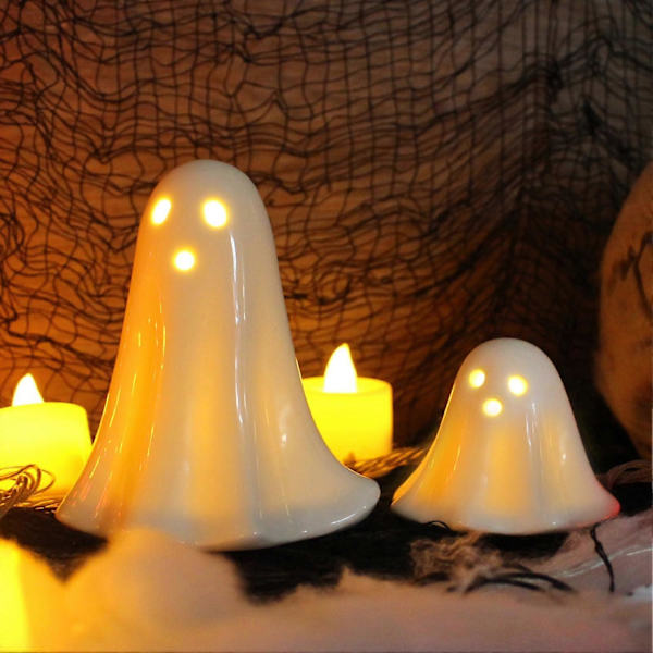 2 stk LED Keramiske Spøkelser Små Hvite Spøkelsesfigurer, Lysende Spøkelsesdekor, Små LED Spøkelses Halloween Dekor Skumle Skulpturer
