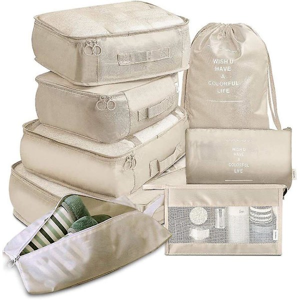 8-pack Organiser Set för Resväskor, Förvaringsväskor, Packningskuber, Resepåsar, Presenter Beige