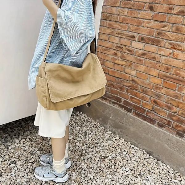 Kvinder Messenger Taske Vintage Håndtaske Lærred Teenager Skulder Tote Tasker Casual Håndtaske Crossbody Håndtasker Khaki