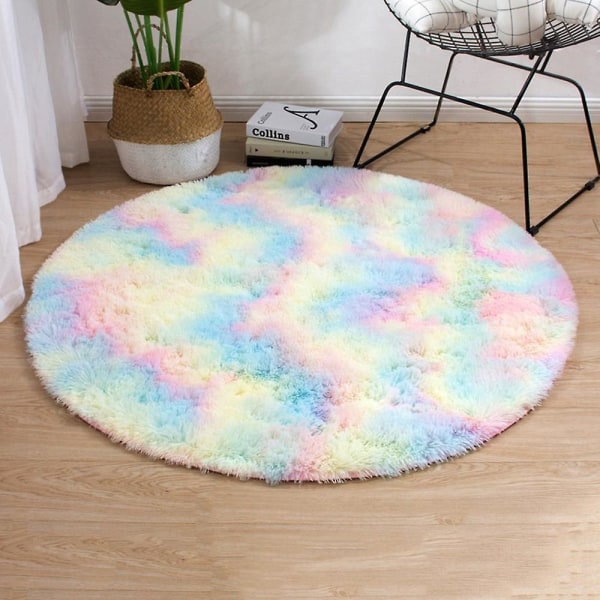 Rundt tæppe blødt behageligt fluffy shaggy højt bunke tæppe til stue soveværelse rainbow 2 Diameter 40cm