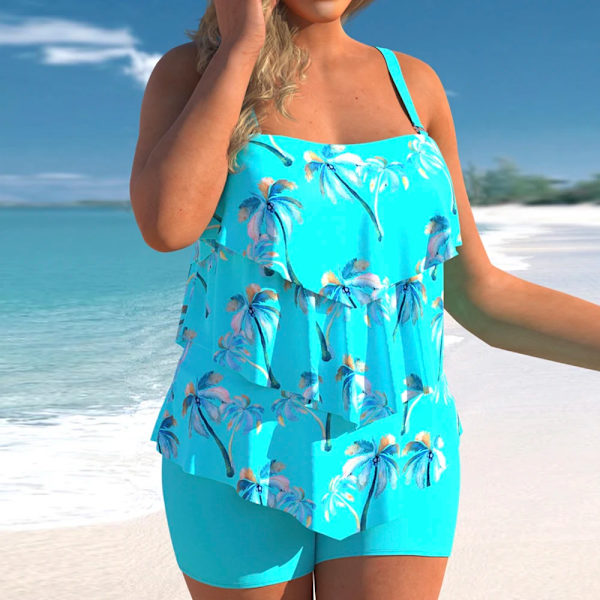 Plus Size Sexig Rygglös Baddräkt Set Kvinnor Kaskad Volang Hängsle Baddräkt Sommar Ny Bikini Baddräkt Serietecknad Tryck Strandkläder Cyan 4XL