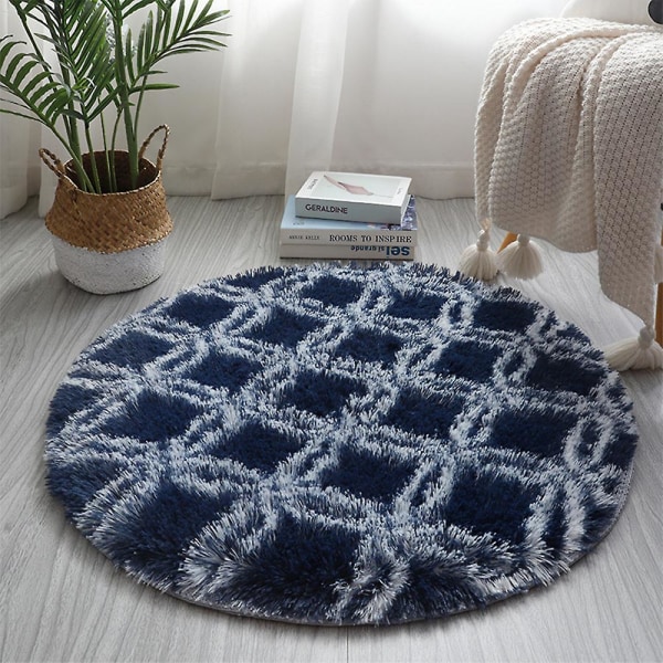 Rundt tæppe blødt behageligt fluffy shaggy højt bunke tæppe til stue soveværelse Blue Circle Lattice Diameter 120cm