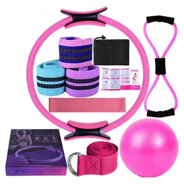 Jooga Fitness 11-osainen setti Pilates-välineet ja -tarvikkeet kotitreeneihin, rengas, vastuskuminauhat, pakaranauhat, joogapallo ja venytyshihnat Pink
