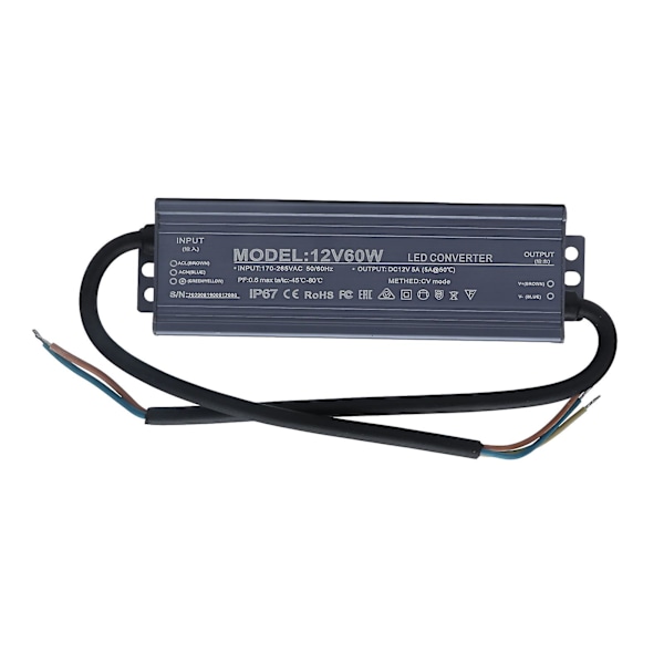 60W IP67 Vandtæt LED Strømforsyning Lysdriver Transformer AC170-265V 12V 5A