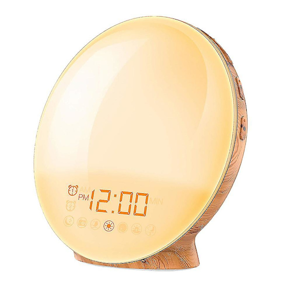 LED-lys vækkeur med solopgangsimulering, søvnstøtte, FM-radio og snooze-funktion til soveværelset Wood Grain