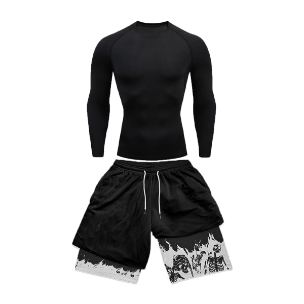 Herre Kompressionssæt Sports Fitness Hurtigtørrende Sæt Stram Kortærmet Anime Dobbelt Lag Shorts Sommer black L