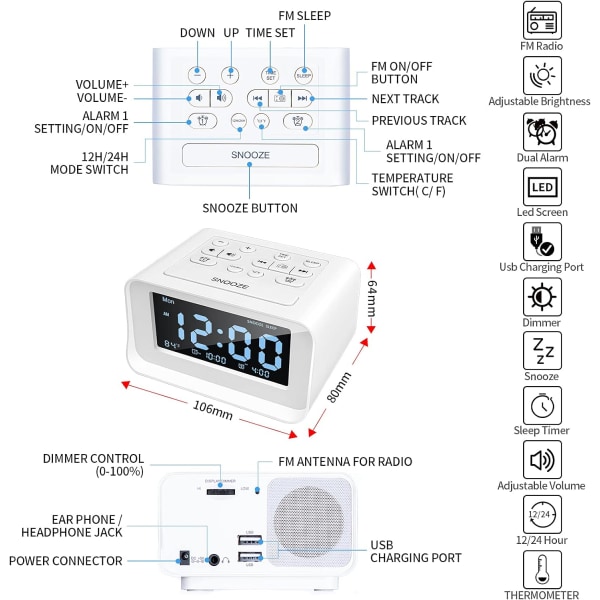 Urradio med dobbelt alarm, digitalt vækkeur med 2 USB-opladnings porte, (hvid)