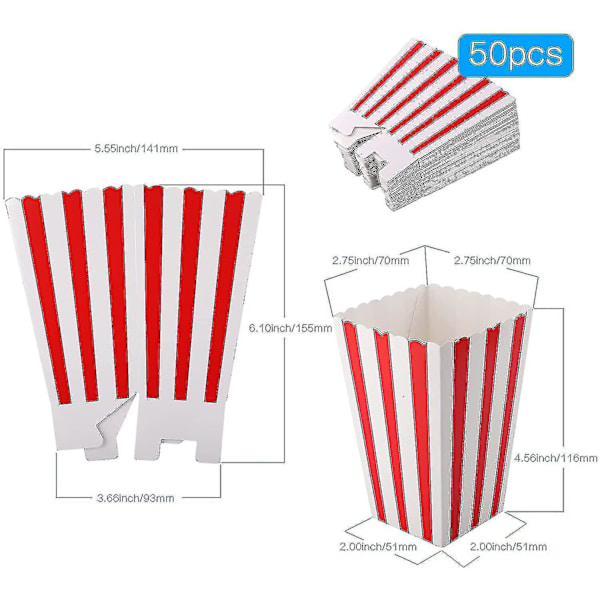 50 kpl Popcorn-laatikot Punainen ja Valkoinen Raidoilla, Pienet Paperiset Makeisraskat, Retro