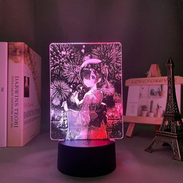 Anime 3D Lampe Rem og Ram fra Re Zero Starting Life in Another World Natlampe til Soveværelsesindretning Fødselsdagsgave LED Natlys (Farve: A)BY D
