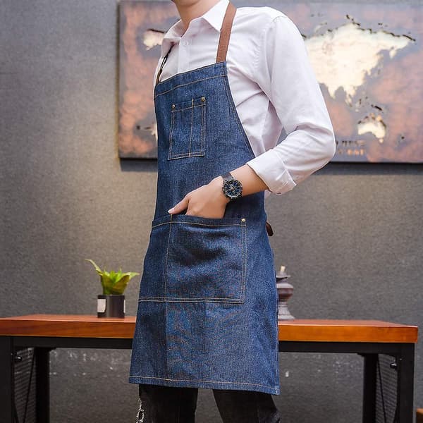 Justerbart forkle i denim for menn og kvinner, 2024, med flere lommer, egnet for kokker, grill og studioBY