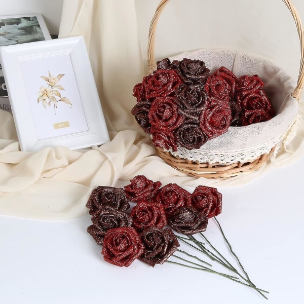 24 stk Glitter Rosebukett Blå Kunstige Roseblomster Bukett Evigvarende Skinnende Falske Roser Bukett Kjærlighetsgaver Til Valentinsdag Gave, Jubileum, silvery