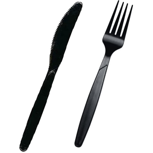200-delt sett med svart plastbestikk av høy kvalitet | 100 gafler + 100 kniver | Gjenbrukbar, slitesterkt plastbestikk for fester, hverdagslig middagsbestikk