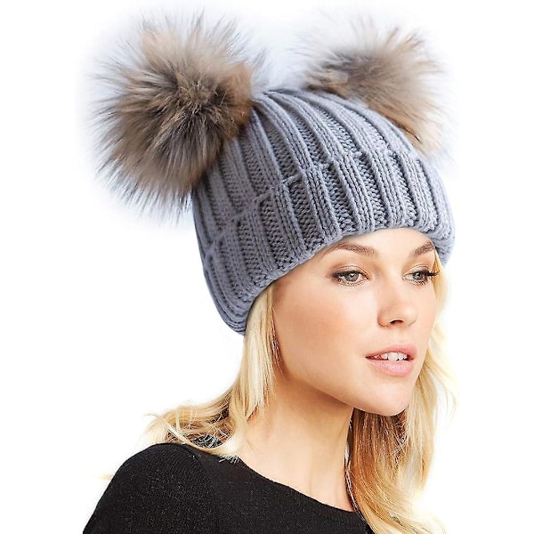 Naisten Talvi Kaksois Pom Pom Pipo Fleece Vuorattu Bobble Hat Neulotu Faux Fur Pom