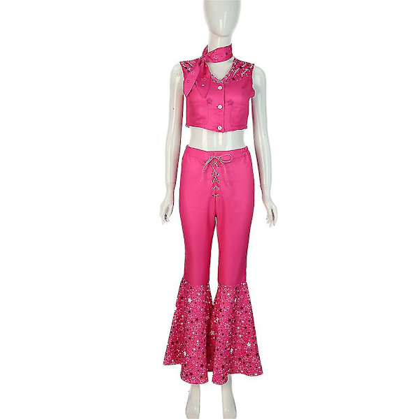 Kvinnors Barbie Cosplay Kostym 70-tal 80-tal Hippie Cowgirl Outfits Set Väst Topp + Byxa + Slips Halloween Fest Fancy Dress Up 2XL