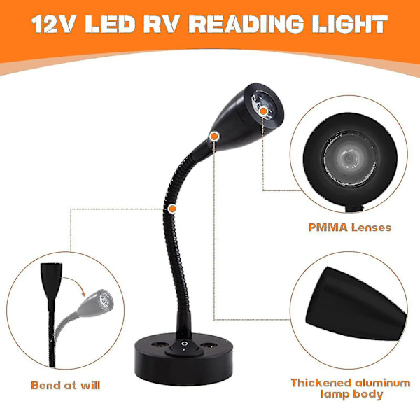 2 stk. Læselamper LED Spotlight 12V Dæmpbar Switch Væghængt Sengelampe Indvendig Lys Campingvogn 6000k Hvid til Campingvogn