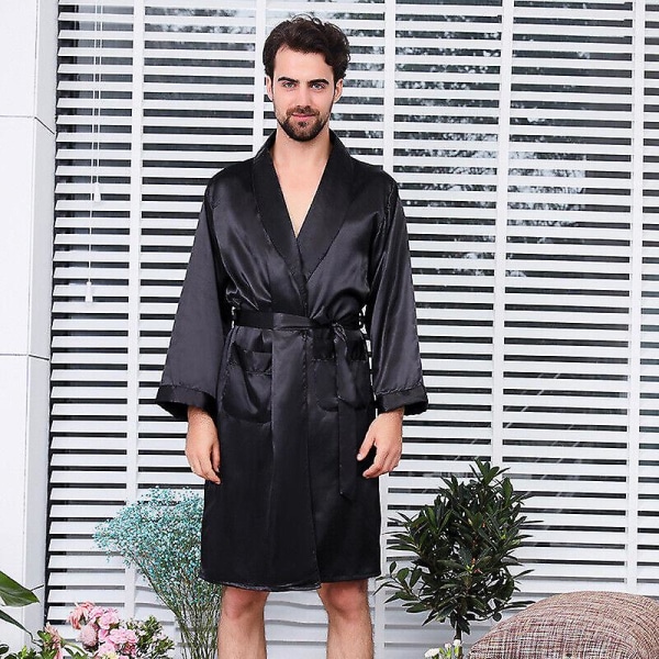 Herr Satin Silk Lyx Pyjamas Kimono Morgonrock Morgonrock Pjs Loungewear Black 3XL