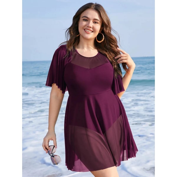 Plus Size Dame En Delers Badedrakt Magekontroll Svømmekjole Solid Mesh Patchwork Ruffle Erme Cover Up Svømmekjole Chubby Badedrakt Wine Red XL