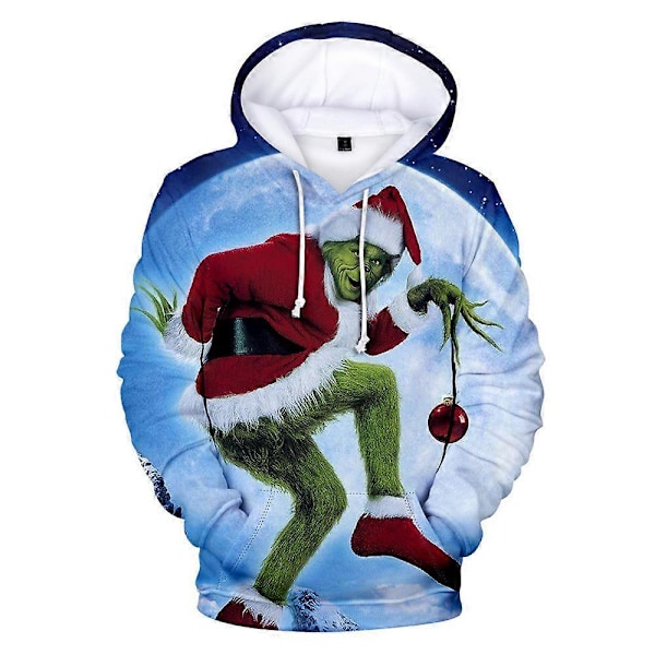 Huvtröja med 3D-tryck för män och kvinnor, julgrinch, långärmad, huvad tröja, pullover, casual, lös, jultoppar D 2XL