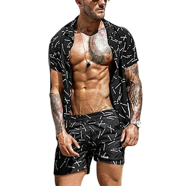 Män Hawaii Boho Summer Outfit Kortärmad skjorta Shorts Set Holiday Beach Black L