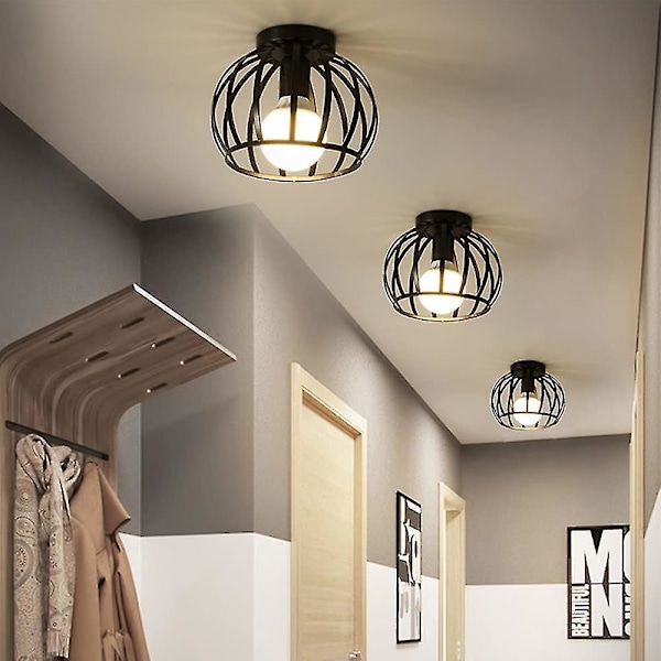 Vintage taklampe, svart semi flush mount, metallbur taklampe med E27 brakett