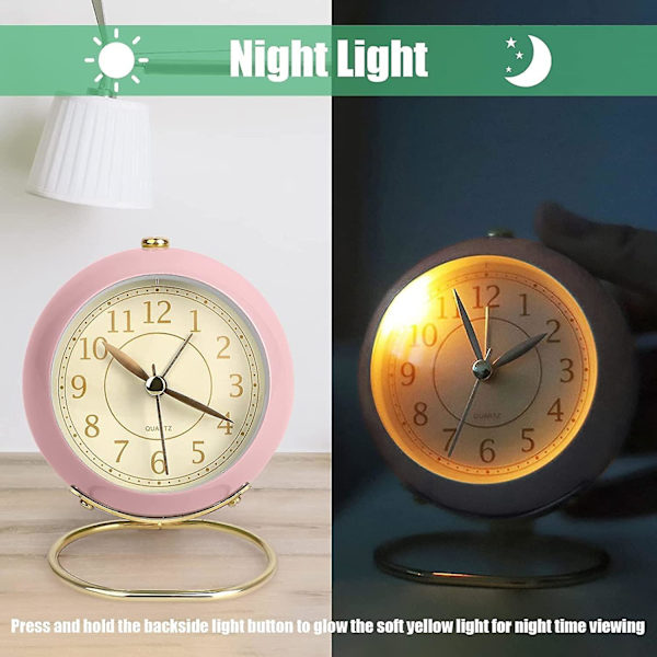 SCSYV Liten väckarklocka, klassisk retro analog söt enkel design liten skrivbordsklocka med tyst batteridriven tyst bakgrundsbelysning för barn/sovrum/ Pink