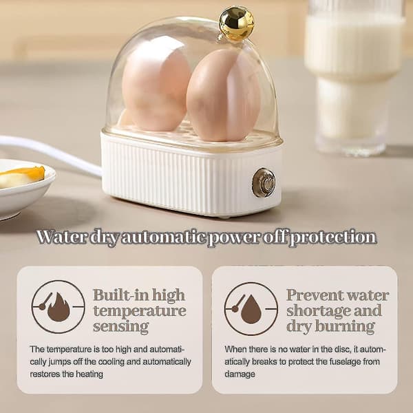 Eggkoker for 2 egg, Kompakt elektrisk eggdamper, Beste eggkoker koker alle tre kokegrader - Bløt, Medium, Hard TY White