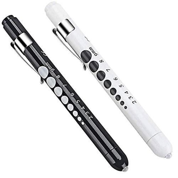 Diagnostisk lys, pupil lampe, medicinsk penlight (2 enheder), genanvendelig, diagnostisk, LED pen lommelygte, lys, greb med lommeklips Black  White