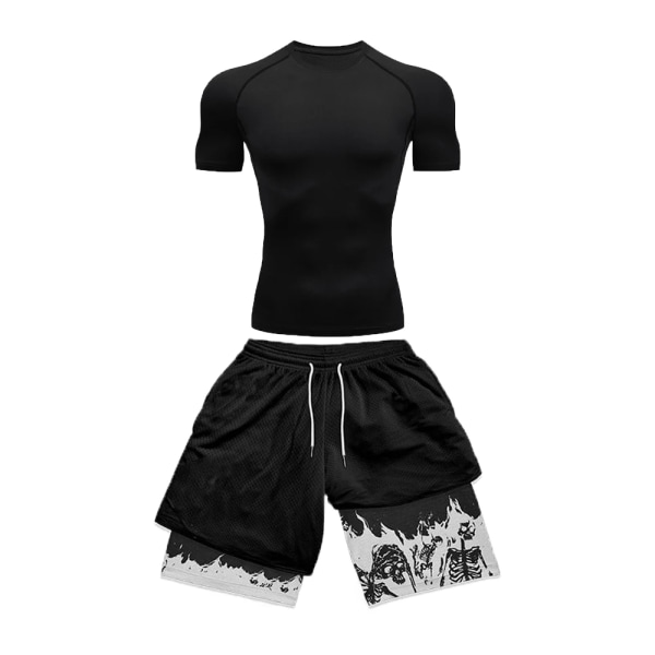 Herre Kompressionssæt Sports Fitness Hurtigtørrende Sæt Stram Kortærmet Anime Dobbelt Lag Shorts Sommer black XL