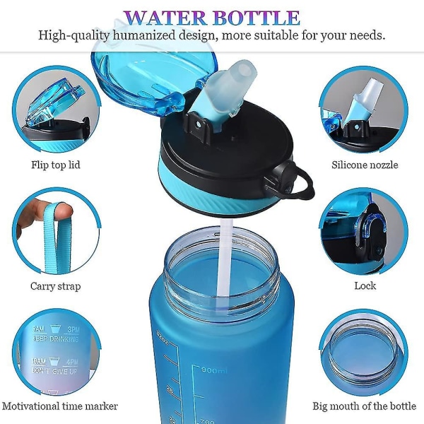 Sportvattenflaska 1 liters tidsmarkeringar och med sugrör Flaskor Vattenflaska öppnas Lämplig för fitness utomhus B