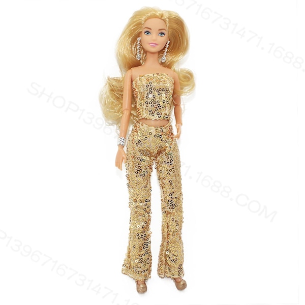 Barbie-elokuvan nukke, Margot Robbie Barbiena, keräilynukke kultaisessa disco-haalareissa, kiiltävillä kiharoilla ja kultaisilla korkokengillä