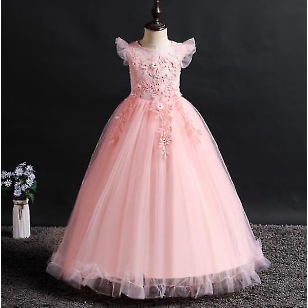 Pige Mesh Princess Kjoler, Børn Lange Sommerkjoler, Pige Klaver Performance Kostumer, Banketkjoler Pink 140