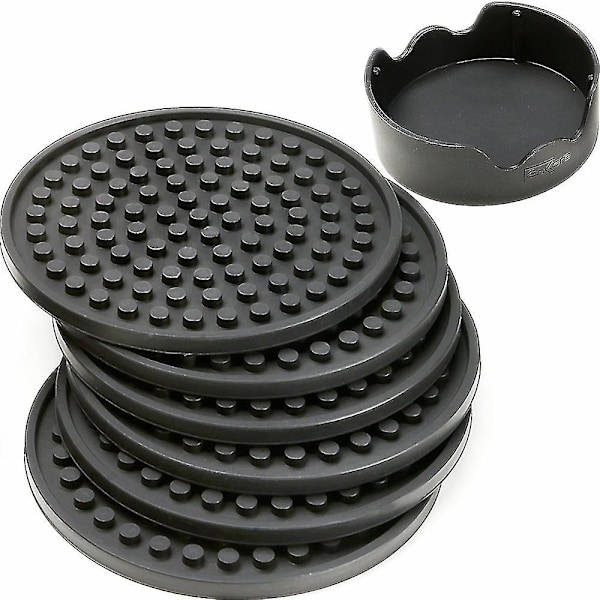 Black Matte Round Silicone Rubber Drink Coasters (set Of 6)